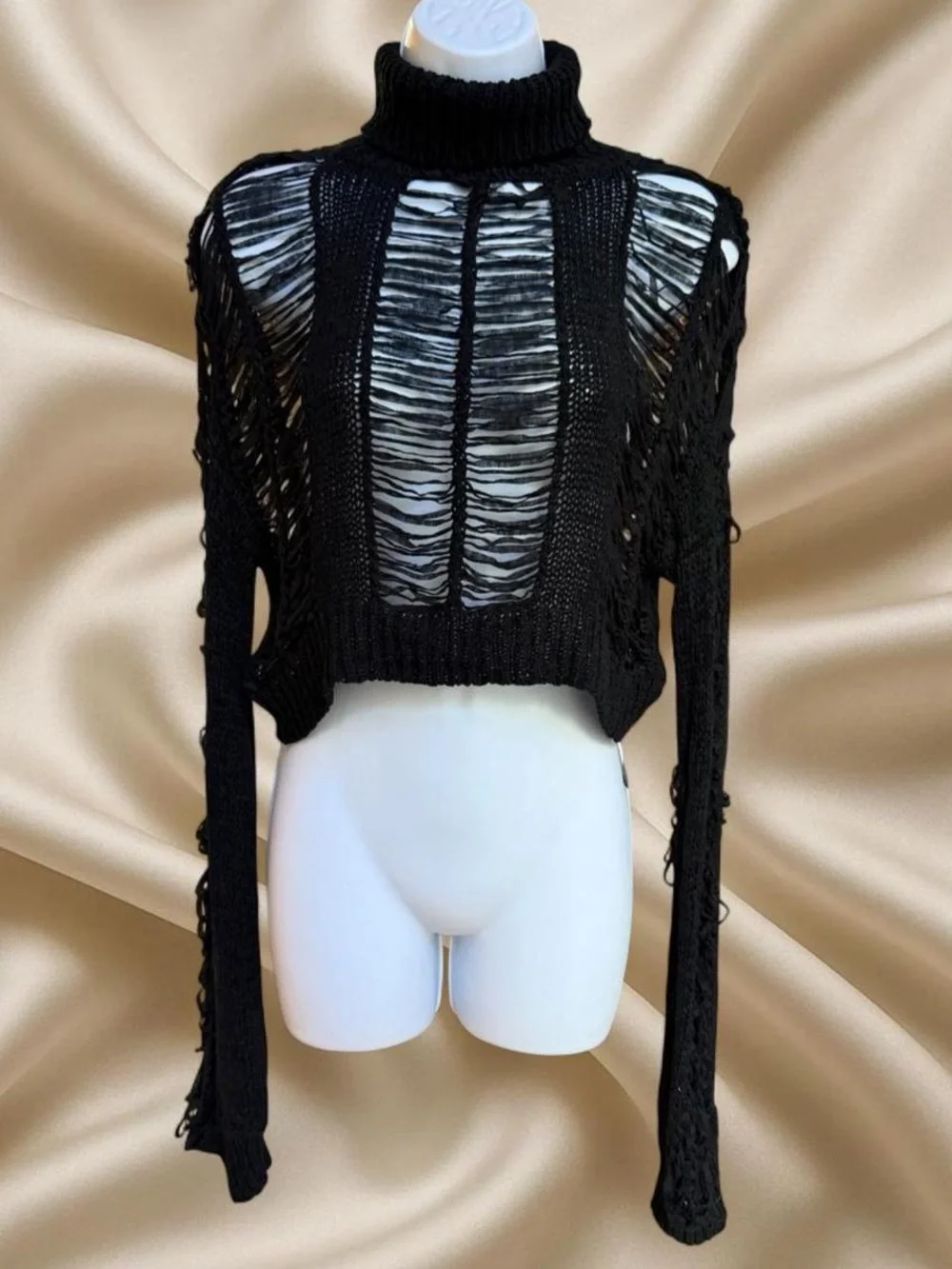 Black Distressed Cropped Turtleneck Sweater - Women